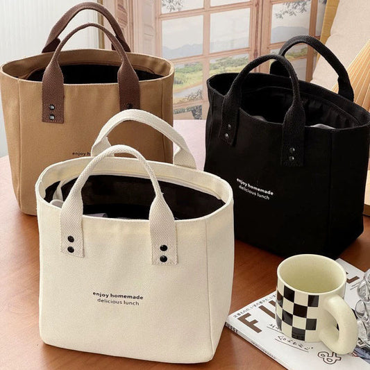 ZllKl  Canvas Solid Color Handbag Japanese Bento Mummy Office Worker Simple Contrast Color Fashion Carrying Bag Lunch Box