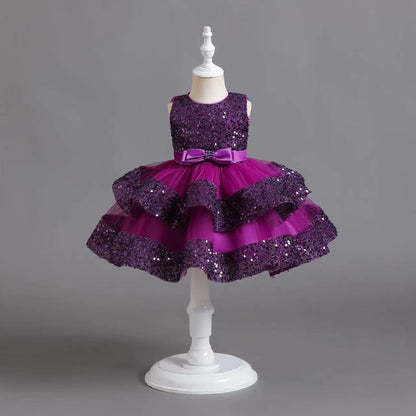 ZllKl  Cross-Border New Arrival Red Children's Dress Sequined Princess Dress Baby Girl Birthday Banquet Skirt Girl Performance Wear