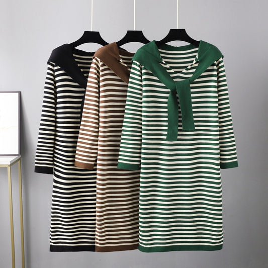 ZllKl New autumn and winter new striped age-reducing and thin long knitted sweater shawl temperament 2025 style sweater women's dress