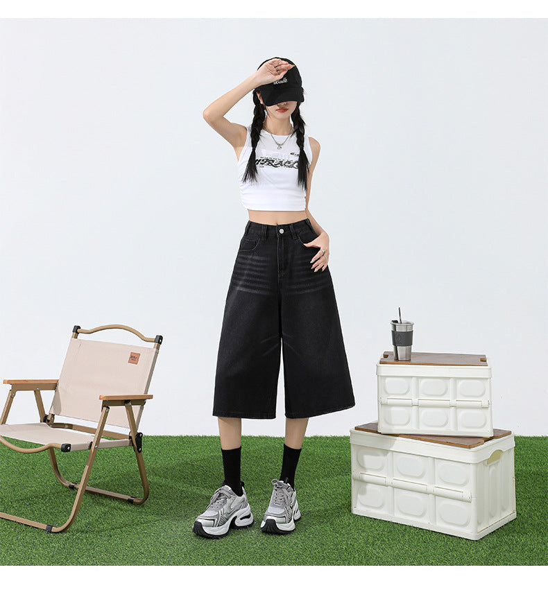 American Retro Black Gray Cropped Denim Shorts Women's Summer New High Waist Straight Short Pants Loose Wide Leg Pants