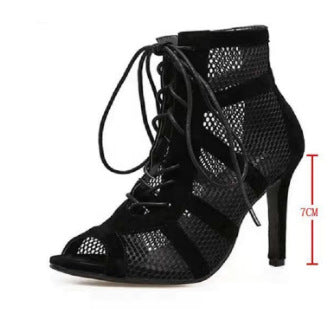 ZllKl  Cross-Border Foreign Trade New Black Mesh Suede Fashion Cross Lace-up European and American plus Size Peep Toe Sexy High Heel Lace-up Women's Shoes