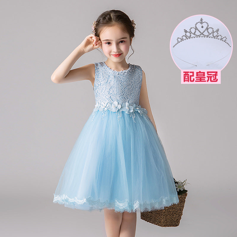 ZllKl  Children's Dress Summer Hot Sale Flower Girl Puffy Gauze Princess Dress Girl Baby Host Costume for Piano Performance Skirt