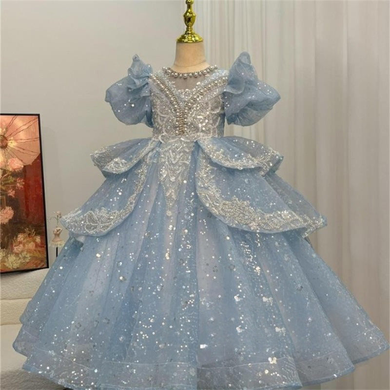 ZllKl  Blue Children's Dress Girls  Summer New Heavy Industry Birthday Princess Dress Flower Girl Wedding Catwalk Performance Costumes