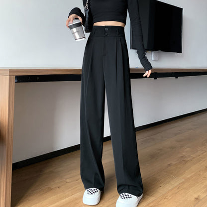 ZllKl  Black Loose Slimming Wide-Leg Pants High Waist Straight Drooping Suit Pants Slimming Pants High-Looking Casual Women's Pants