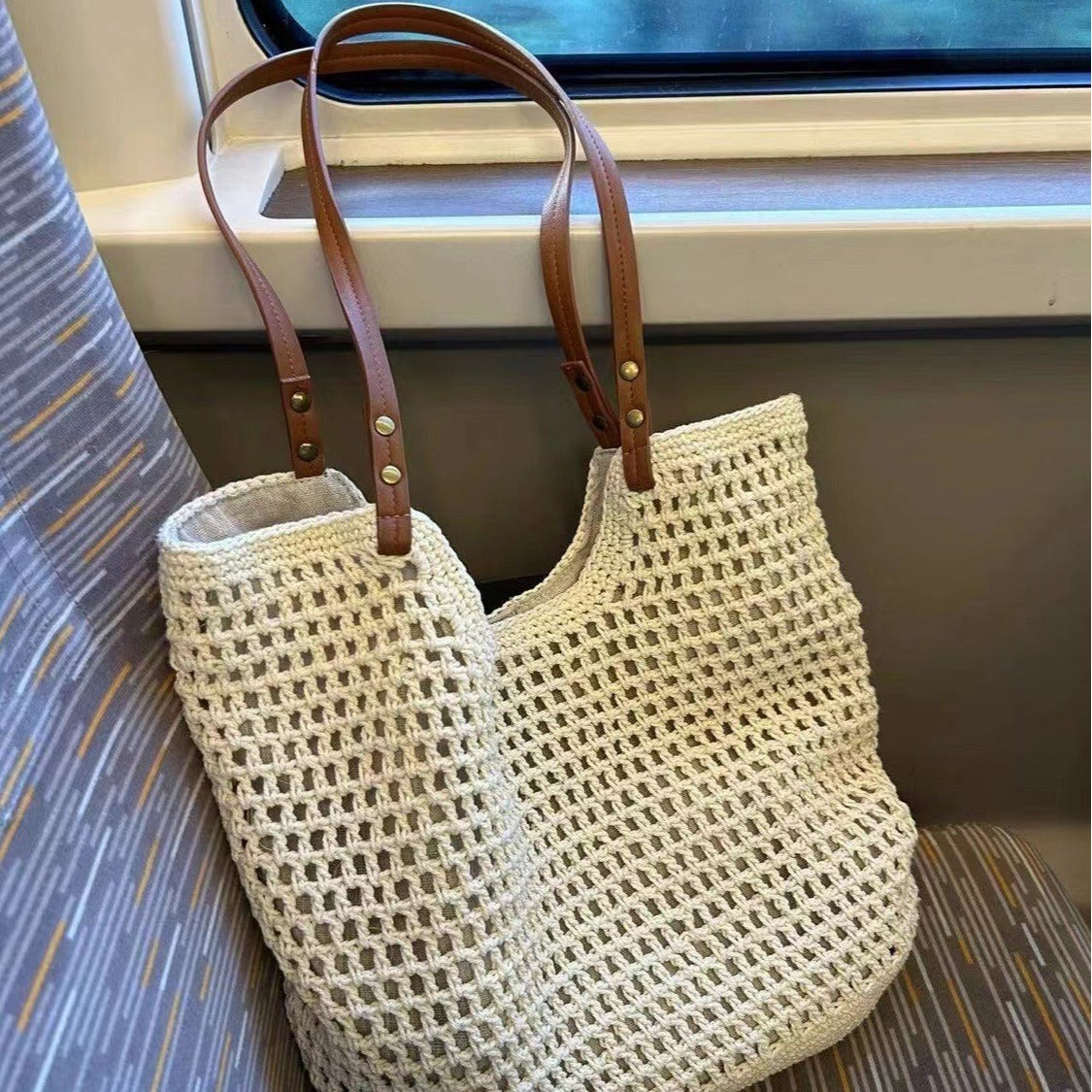 ZllKl  Casual Large Capacity Shoulder Cotton Thread Woven Bag New Hollow Mesh Tote Bag Seaside Vacation Beach Bag Women's Bag