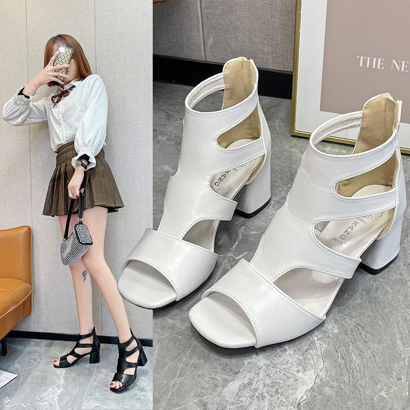 ZllKl  Cross-Border Foreign Trade Roman Sandals  Summer Outdoor Peep Toe Open Toe High-Top Thick High Heel Back Zipper Hollow Sandals for Women