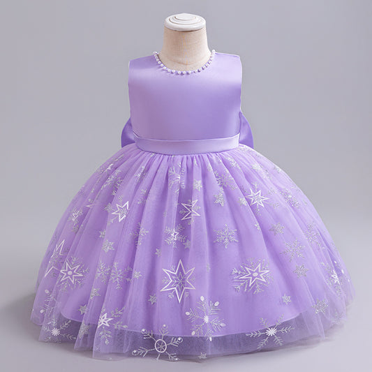 ZllKl  Ice and Snow Mesh Princess Dress Neckline Pearl Birthday Dress Little Flower Girl Bow Girl Pettiskirt Dress