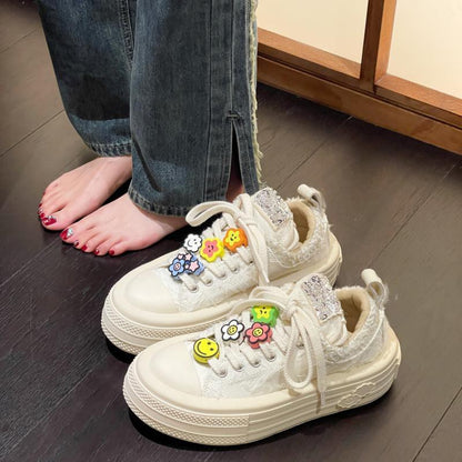 ZllKl Zhao Lusi Celebrity Canvas Shoes Platform Shoes Embroidered Sequins DIY Smiley Face Decorative Coarse Flower Ins Casual Shoes