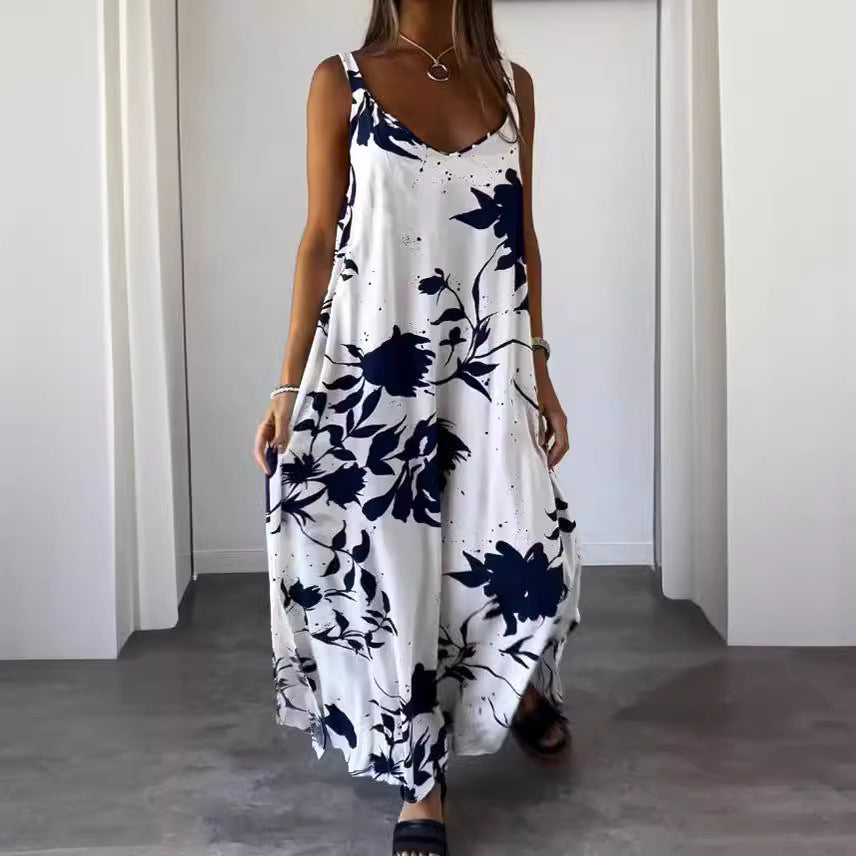 Zllk  Summer Cross-Border European and American Women's Clothing New  Vacation Dress Printed Strap Backless V-neck Dress