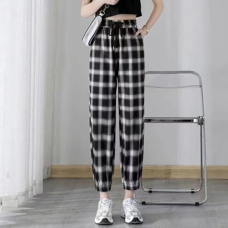 ZllKl  Ice Silk Plaid Casual Pants Women's Summer Thin Cool Women's Lantern Pants Large Cropped Casual Harem Tappered Pants