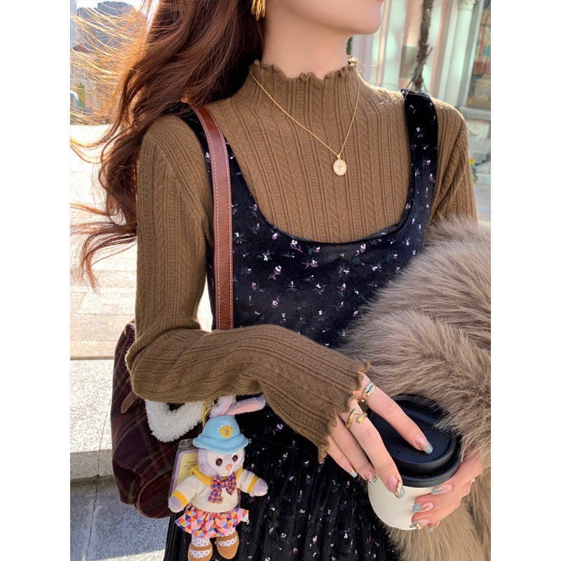 White bottoming shirt women's autumn and winter wear 2024 new semi-turtleneck fungus edge knitted sweater medium neck long-sleeved sweater