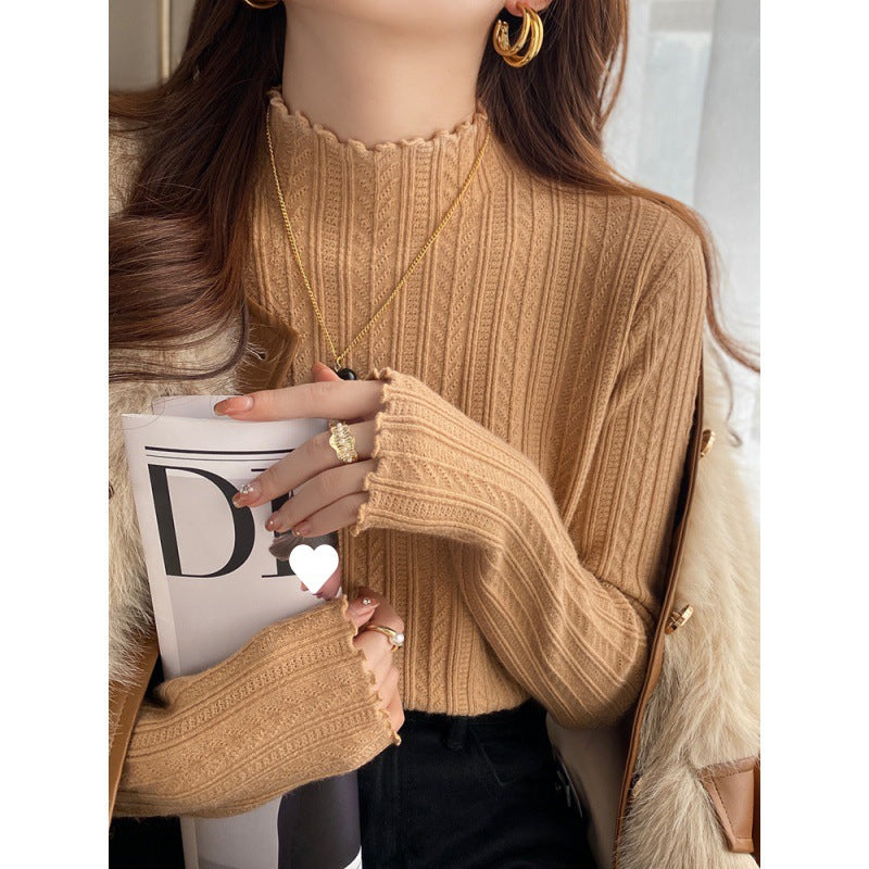 White bottoming shirt women's autumn and winter wear 2024 new semi-turtleneck fungus edge knitted sweater medium neck long-sleeved sweater