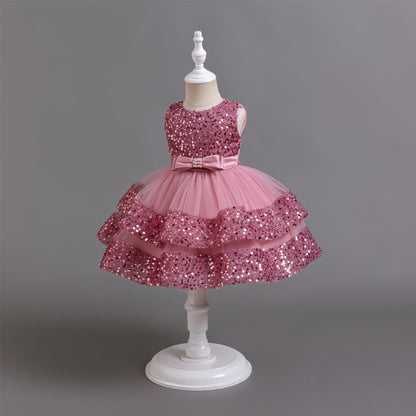 ZllKl  Cross-Border New Arrival Red Children's Dress Sequined Princess Dress Baby Girl Birthday Banquet Skirt Girl Performance Wear