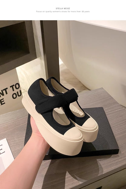 ZllKl Style Ugly and Cute Mona Platform Mary Jane Shoes Retro Platform White Shoes Big Toe White Canvas Shoes Casual Pumps