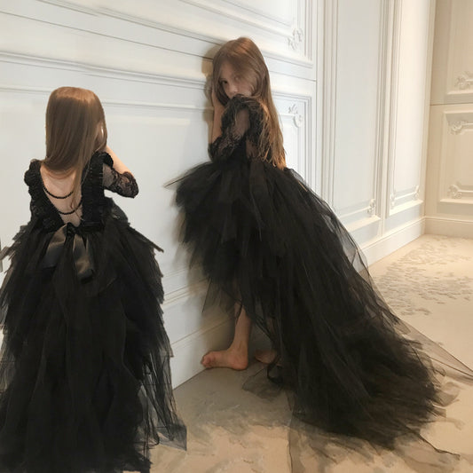 ZllKl  Girls' Dress Black Mesh Dress Piano Performance Catwalk Fashion Baby Birthday Banquet Children's Dress