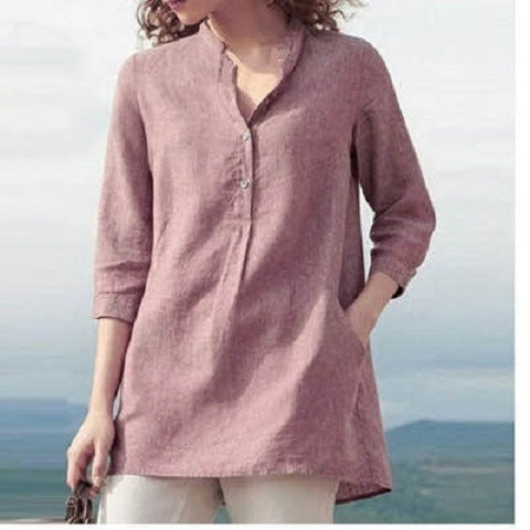 zllkl  Cross-Border Ebay Autumn New European and American Women's Clothing Solid Color Three-Quarter Length Sleeve Stand Collar Cotton and Linen Leisure Pullover Shirt