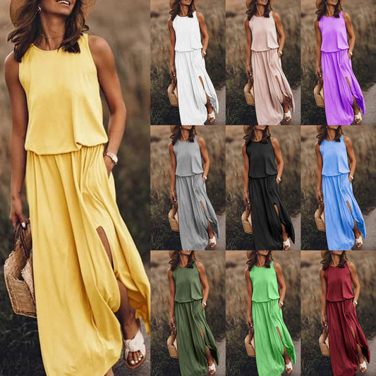 ZllKl  Cross-Border Summer New  European and American Women's Clothing round Neck Sleeveless Dress Split Multi-Color Solid Color Dress