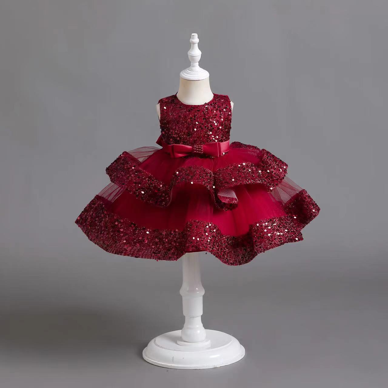 ZllKl  Cross-Border New Arrival Red Children's Dress Sequined Princess Dress Baby Girl Birthday Banquet Skirt Girl Performance Wear