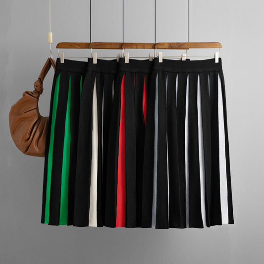 ZllKl 2025 retro knitted half-length skirt for women, high waist, thin and age-reducing, black and white splicing medium and long pleated skirt