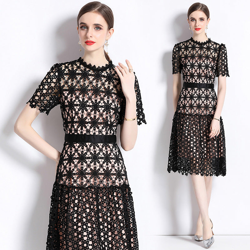 Lightly Mature Design  Style Retro Minority Sexy Hollow out Lace Short Sleeve Dress Women's Summer Wear 2023 New