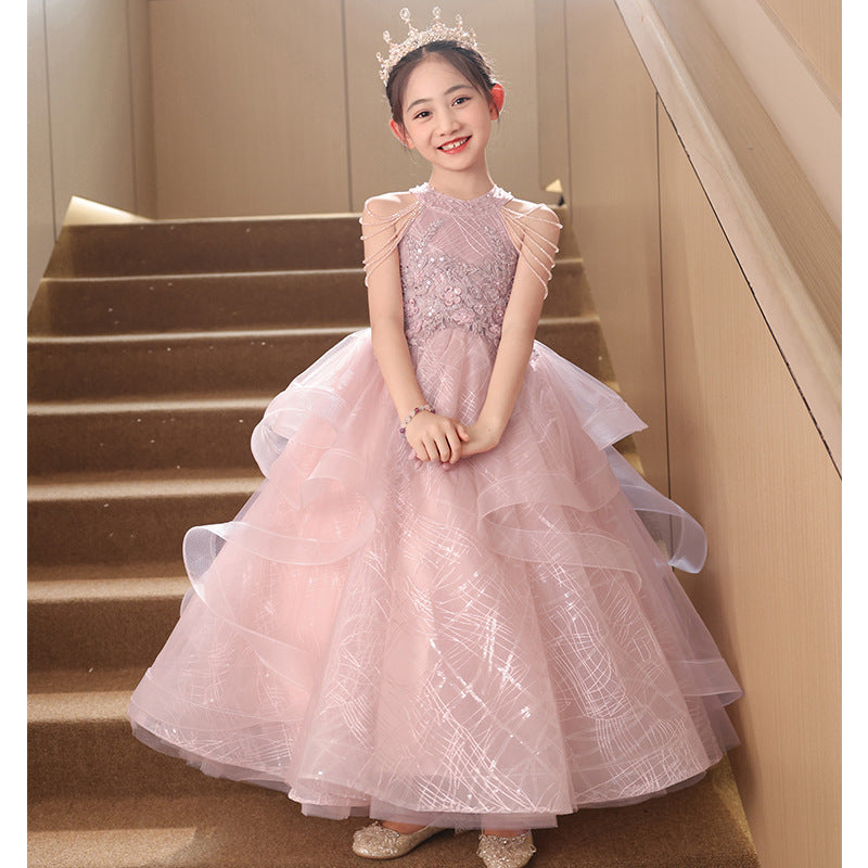 ZllKl  Children's Dress Girls Birthday Princess Dress Dresses of Bride Fellow Kids Light Luxury Minority Children Host Piano Performance Pink