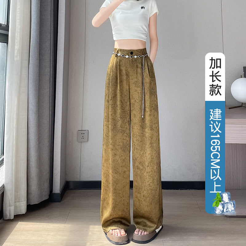 ZllKl  Jacquard Satin Wide-Leg Pants Women's Summer Thin New Chinese Style National Style High Waist Drooping Ice Silk Leisure Straight Suit Pants