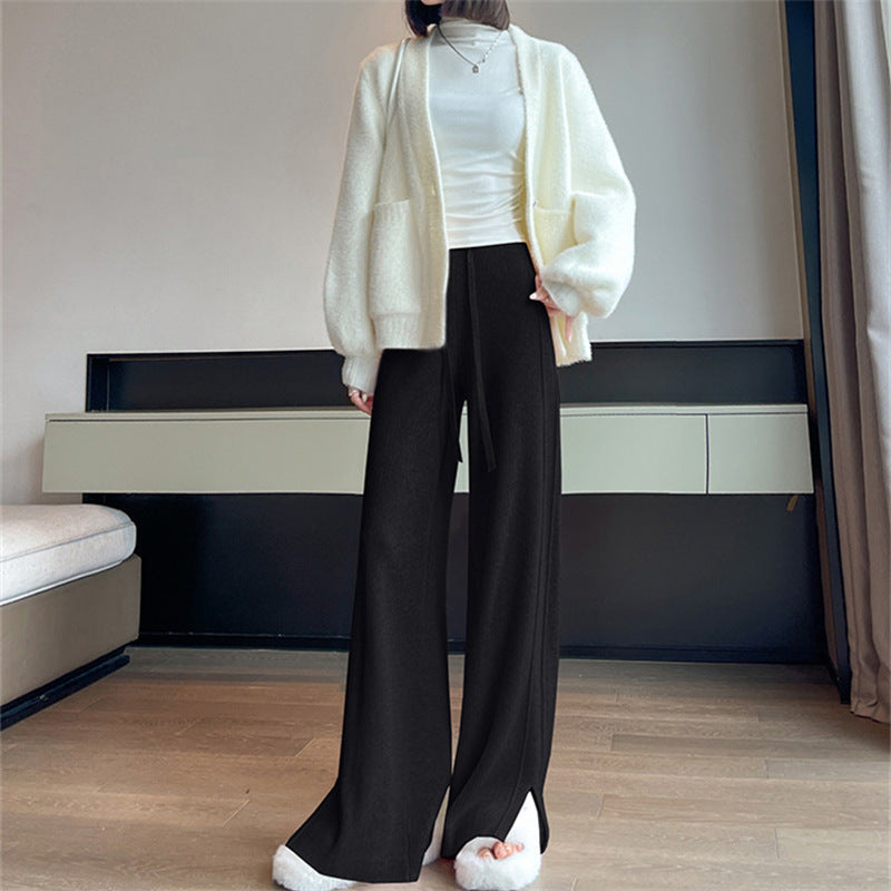 ZllKl  Autumn and Winter New Knitted Wide-Leg Pants Women's High-Grade Soft Glutinous Sunken Stripe Mop Side Slit Straight Casual Pants Thick