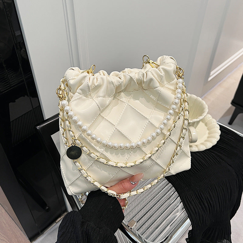 ZllKl  Cross-Border Rhombus Simple Bucket Bag Women's Summer High Sense Niche Crossbody Bag Pearl Chain All-Match Shoulder Bag