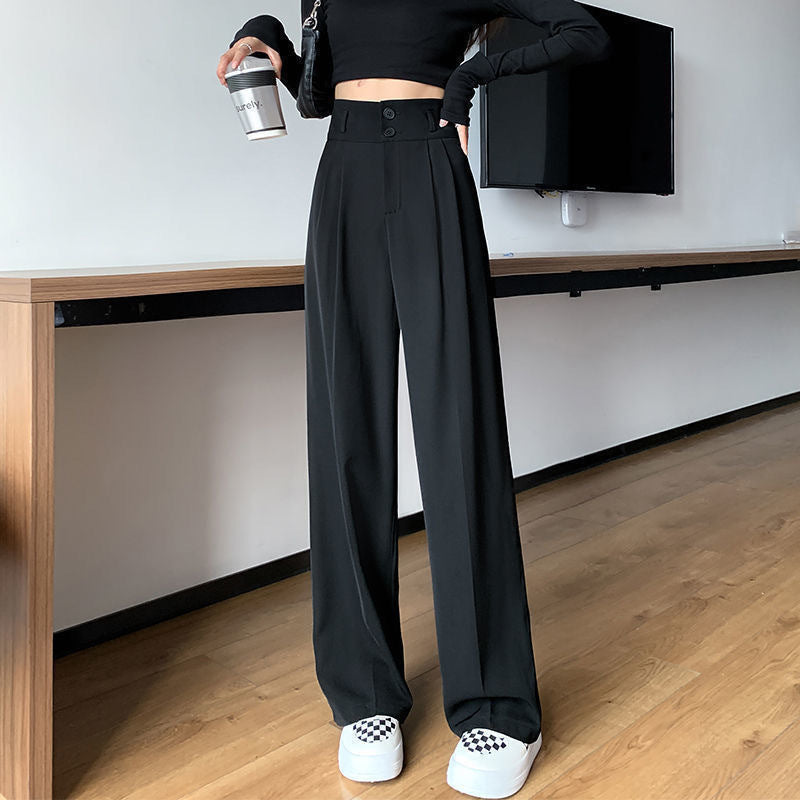 ZllKl  Black Loose Slimming Wide-Leg Pants High Waist Straight Drooping Suit Pants Slimming Pants High-Looking Casual Women's Pants