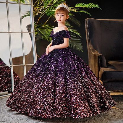 ZllKl  Children's Dress Princess Dress  Spring Girls Catwalk Flower Girl Tulle Tutu Host Costume for Piano Performance Dress