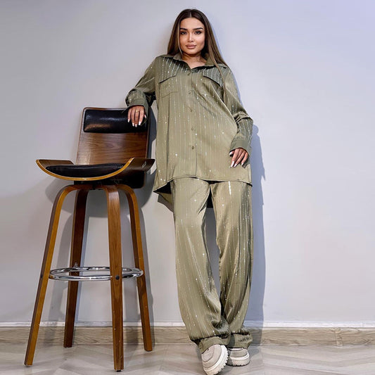 zllkl  European and American Foreign Trade Women's Clothing  Spring New Stylish Loose plus Size Printed Shirt Wide Leg Trousers Casual Suit