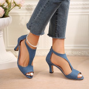 ZllKl  Foreign Trade plus Size Women's Sandals  Summer New European and American Sandals High Heels Peep Toe Back Zipper Chunky Heel Women's Sandals