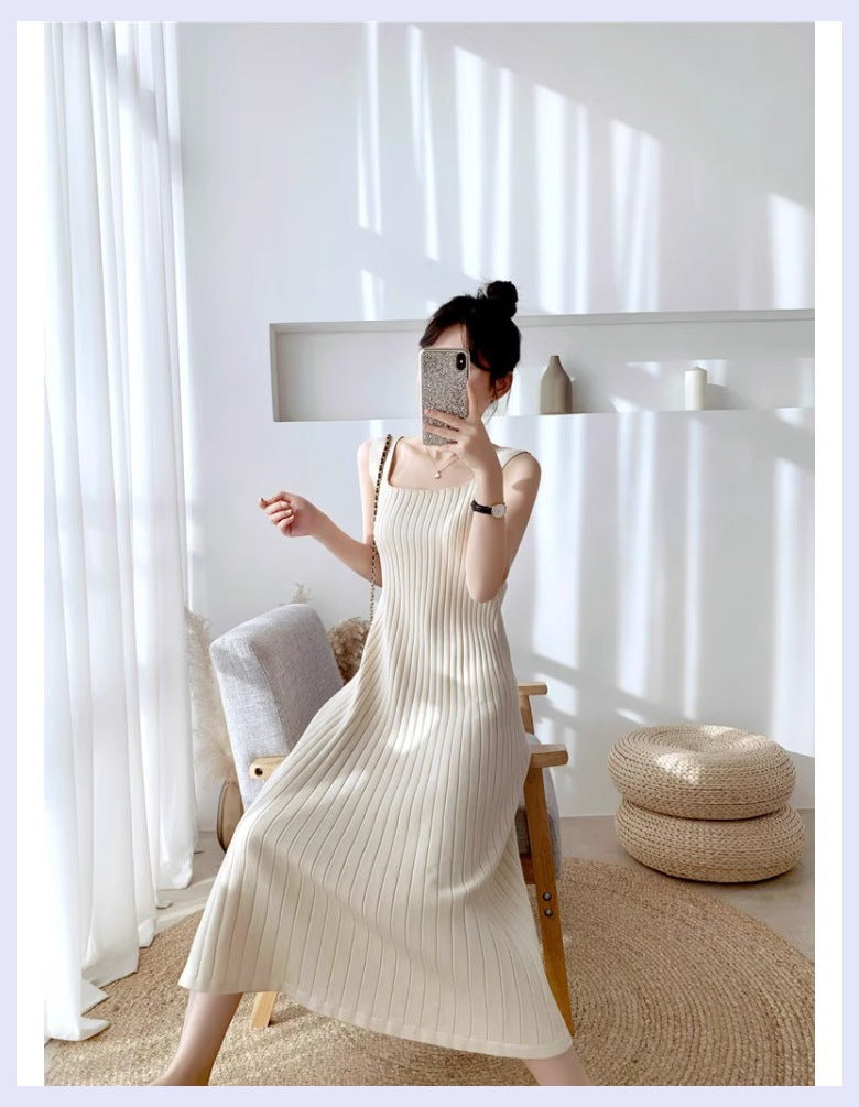 Knitted Sling Pink Dress Women's Summer New Outdoor Hot Girl Chic Waist Slim Fit Inner Wear Temperament Long Dress