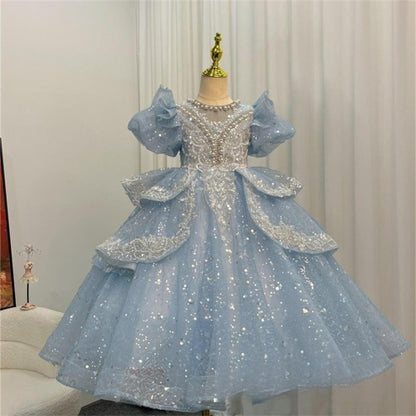 ZllKl  Blue Children's Dress Girls  Summer New Heavy Industry Birthday Princess Dress Flower Girl Wedding Catwalk Performance Costumes