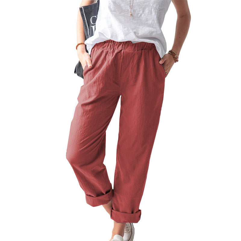 ZllKl  New European and American Women's Clothing Cotton and Linen Trousers Wish  Solid Color Casual Elastic High Waist Straight-Leg Pants Women