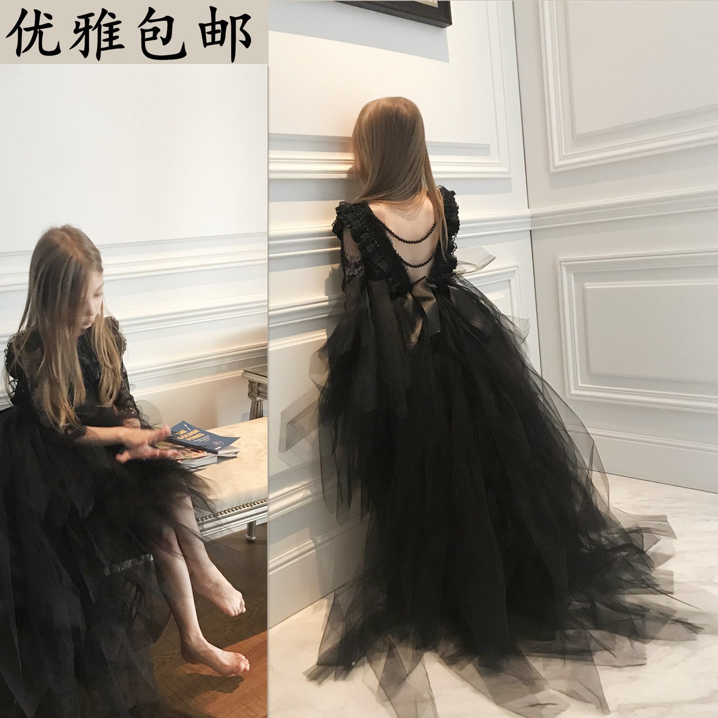 ZllKl  Girls' Dress Black Mesh Dress Piano Performance Catwalk Fashion Baby Birthday Banquet Children's Dress