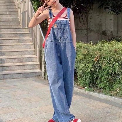 Retro Hong Kong Style Salt Denim Suspender Pants for Women Spring and Summer New Internet Celebrity Fried Street Loose Straight Wide Leg Mop Trousers