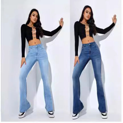 Light Blue Women's Jeans Women's Europe and America Cross Border Hot Trade New Women's Clothing Elastic Straight Pants