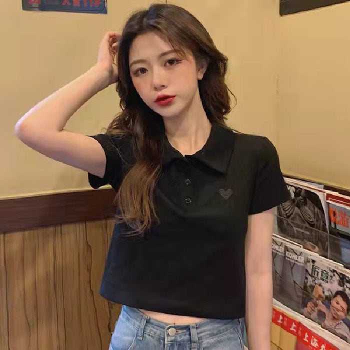 ZllKl  Cotton Korean Style Slim-Fit Love Embroidered Polo Collar Short Sleeve T-shirt Hot Girl Style Short Top Summer Cross-Border