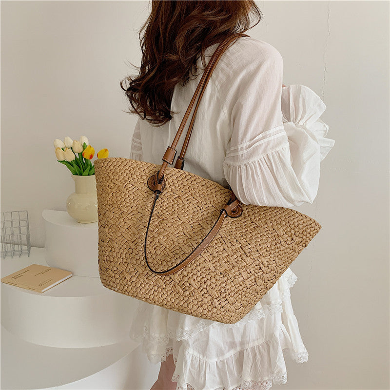 ZllKl  Luo Jia Same Style Non-Standard Straw Bag Large Capacity Simple Handmade Woven Portable Shoulder Bag Female Summer Seaside Beach