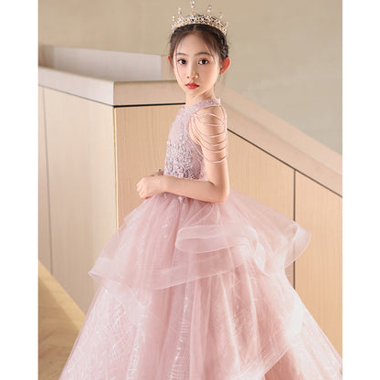 ZllKl  Children's Dress Girls Birthday Princess Dress Dresses of Bride Fellow Kids Light Luxury Minority Children Host Piano Performance Pink