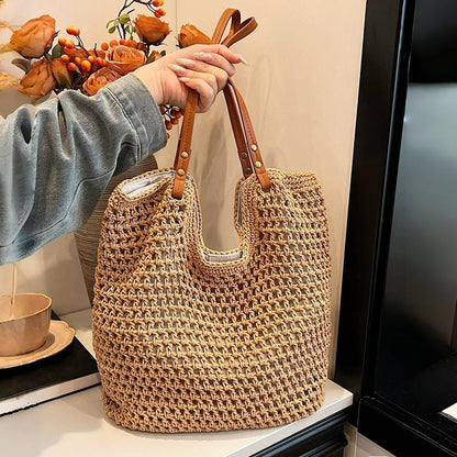 ZllKl  Large Capacity Bag for Women  New All-Match Shoulder Seaside Vacation Beach Bag Woven Straw Commuter Tote