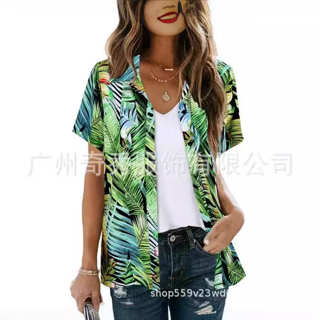 zllkl  Cross-Border  Women's Summer Hawaiian Shirt Tropical Floral Print Blouse Button V-neck Short Sleeve T-shirt Top