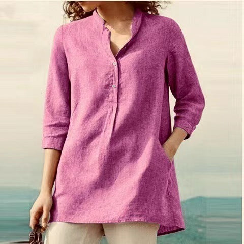 zllkl  Cross-Border Ebay Autumn New European and American Women's Clothing Solid Color Three-Quarter Length Sleeve Stand Collar Cotton and Linen Leisure Pullover Shirt