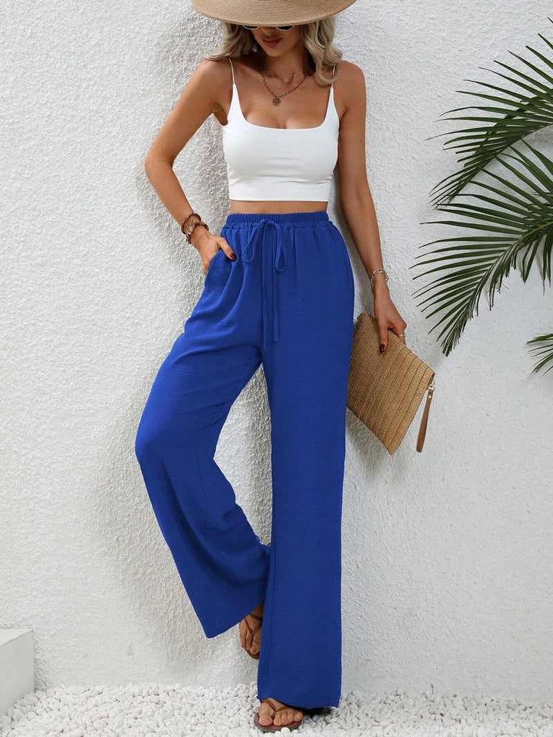 ZllKl  Tiktoktemu European and American Women's Clothing  Spring and Summer New Versatile Solid Color Mop Wide Leg Pants Casual Pants