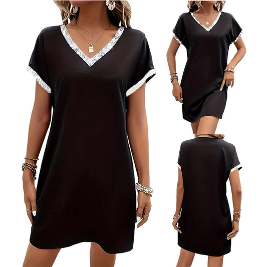 ZllKl  Cross Border  New Solid Color Sexy Fashion V-neck Short Sleeve Sequin Stitching Dress Women's Clothing