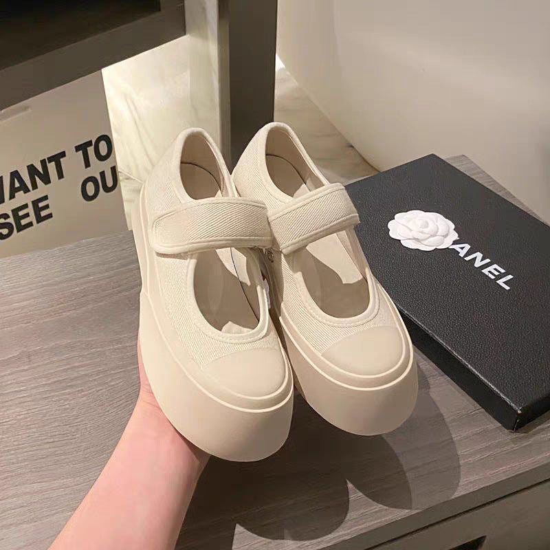 ZllKl Style Ugly and Cute Mona Platform Mary Jane Shoes Retro Platform White Shoes Big Toe White Canvas Shoes Casual Pumps