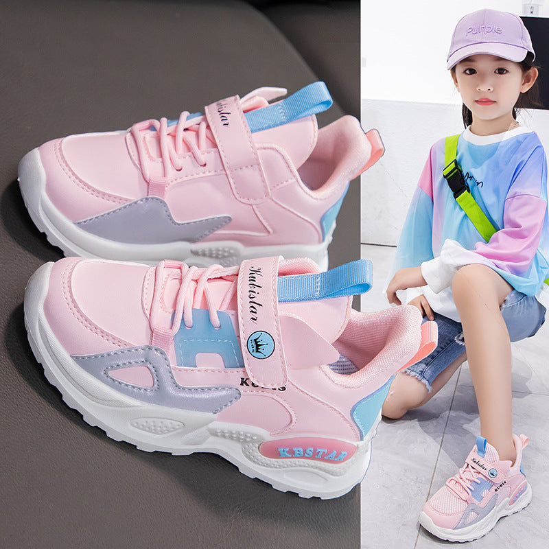 ZllKl  Girls' Autumn New Colorblock Sneakers Velcro Toddler and Children Elementary School Running Shoes Pumps Mesh Breathable