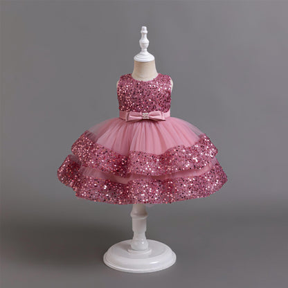 ZllKl  Cross-Border New Arrival Red Children's Dress Sequined Princess Dress Baby Girl Birthday Banquet Skirt Girl Performance Wear