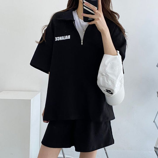 ZllKl Wholesale 4 colors, high-end cotton zipper set two-piece set women's short-sleeved shorts sportswear solid color loose summer fashion